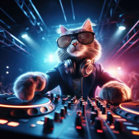 Man sieht eine Katze als Musikerin.