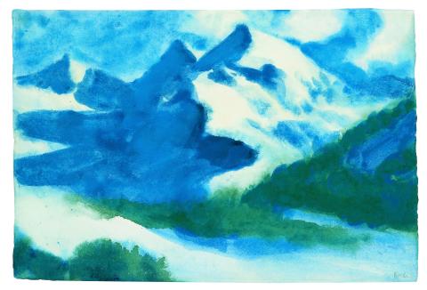 Das Bild zeigt eine Berglandschaft in überwiegend Weiß-, Blau- und Grüntönen. Die Horizontlinie liegt weit oben, so dass die Darstellung der Berge und Vegetation fast den gesamten Bildraum einnehmen. 