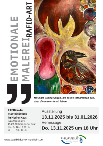 Plakat zur Ausstellung "Emotionale Malerei" von Rafid-Art mit einer Abbildung seiner Kunst. 