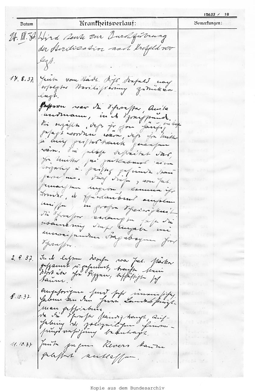 Handschriftlich ausgefülltes Formular mit den drei Spalten Datum, Krankheitsverlauf und Vermerkungen. Letztere ist nicht gefüllt.