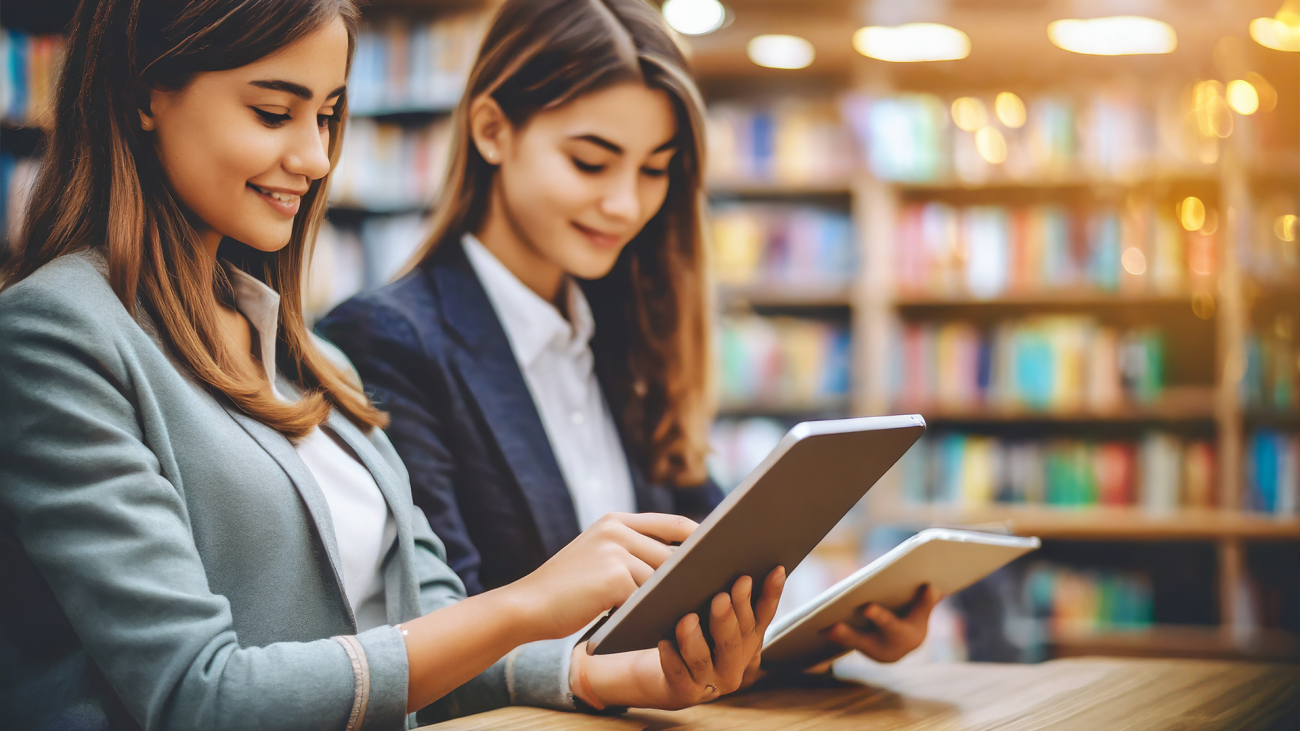 Medienberatung Auf dem Bild sieht man zwei junge Frauen in einer Bibliothek. Sie halten beide ein Tablet in der Hand und arbeiten darauf.