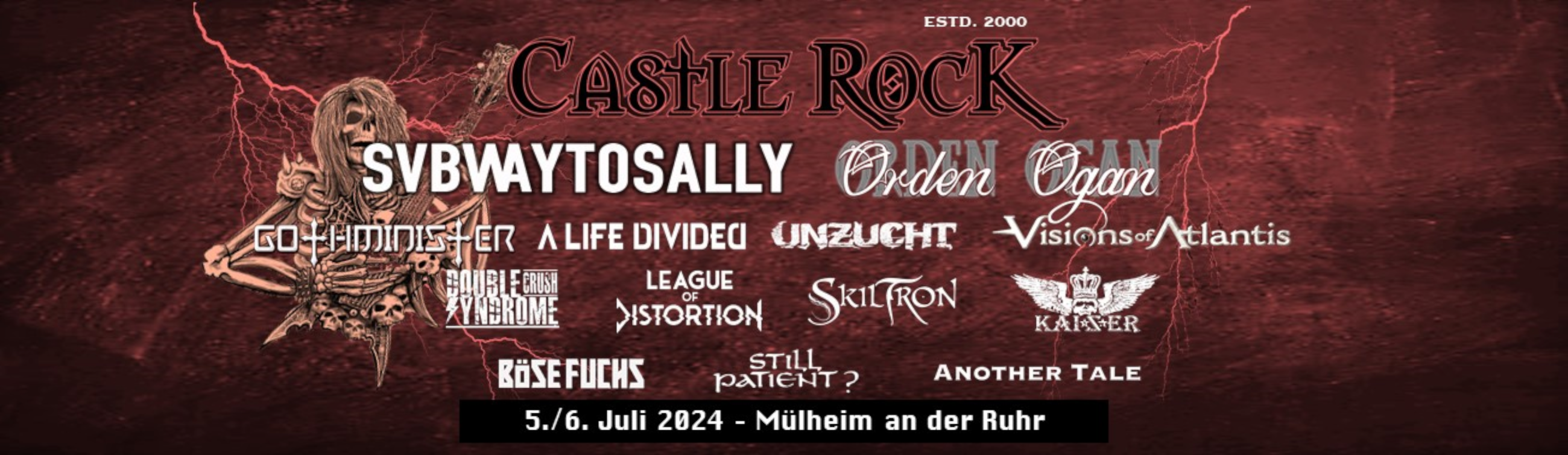 Alle Bands, die beim Castle Rock Festival 2024 auftreten, sind namentlich auf dem Banner genannt. 