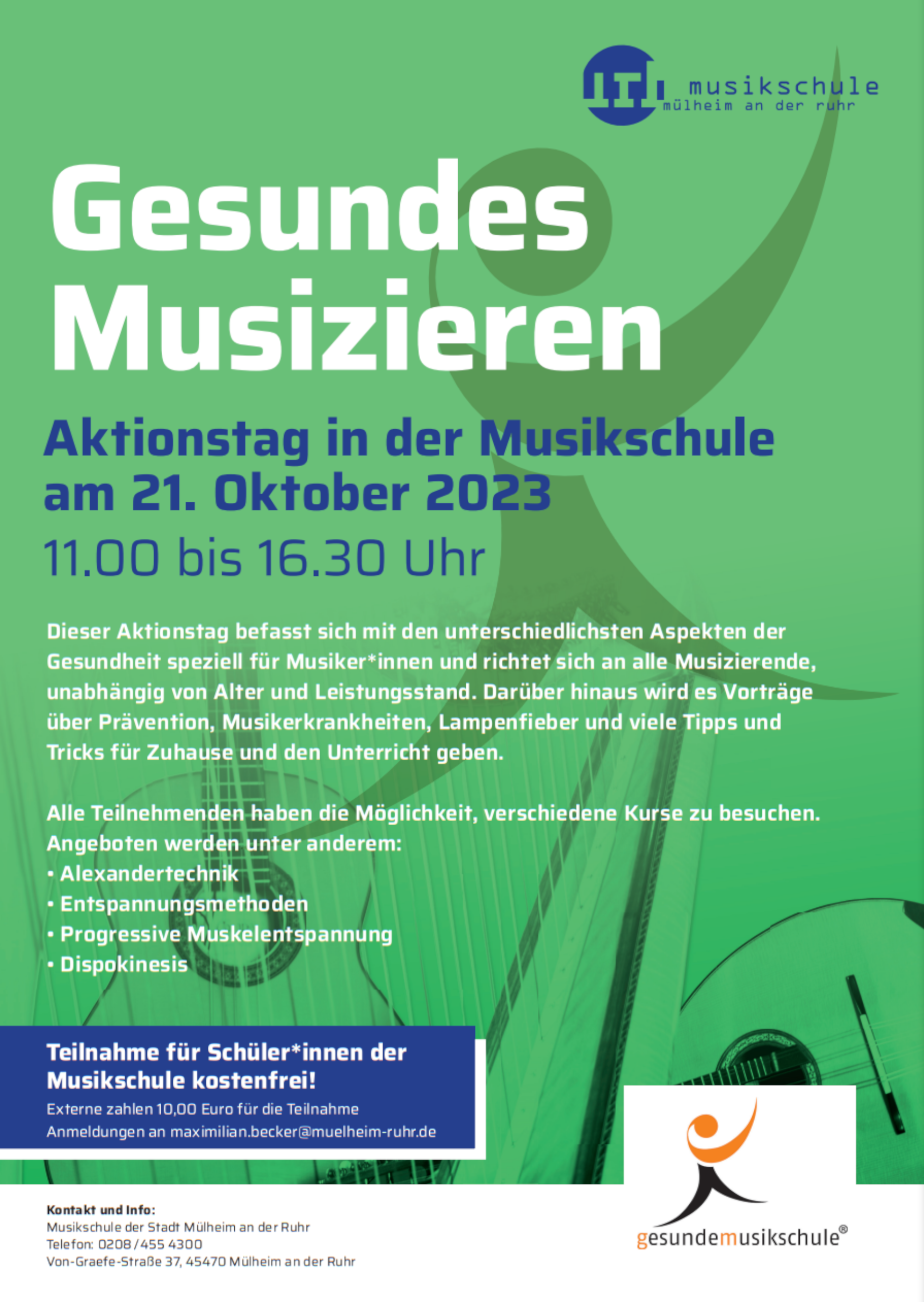 Auf dem Plakat | Flyer stehen Informationen zum Aktionstag "Gesundes Musizieren" am 21. Oktober 2023 in der Musikschule Mülheim.