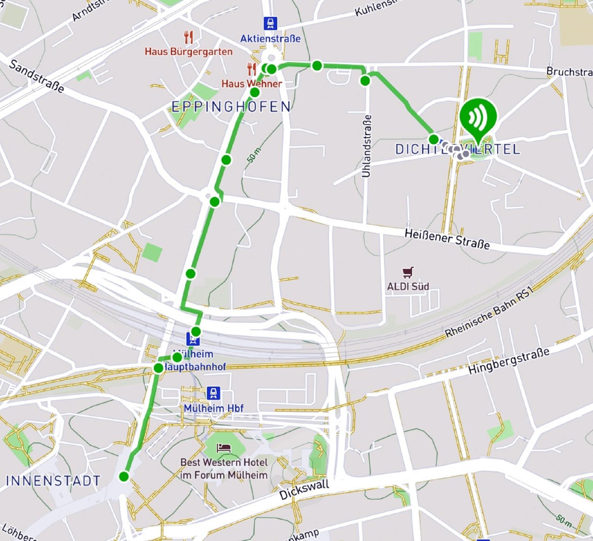 Hier ist der Weg des außergewöhnlichen Audiowalks "Eppinghofen Ohreng" zu sehen. Man sieht einen Ausschnitt aus Google Maps.