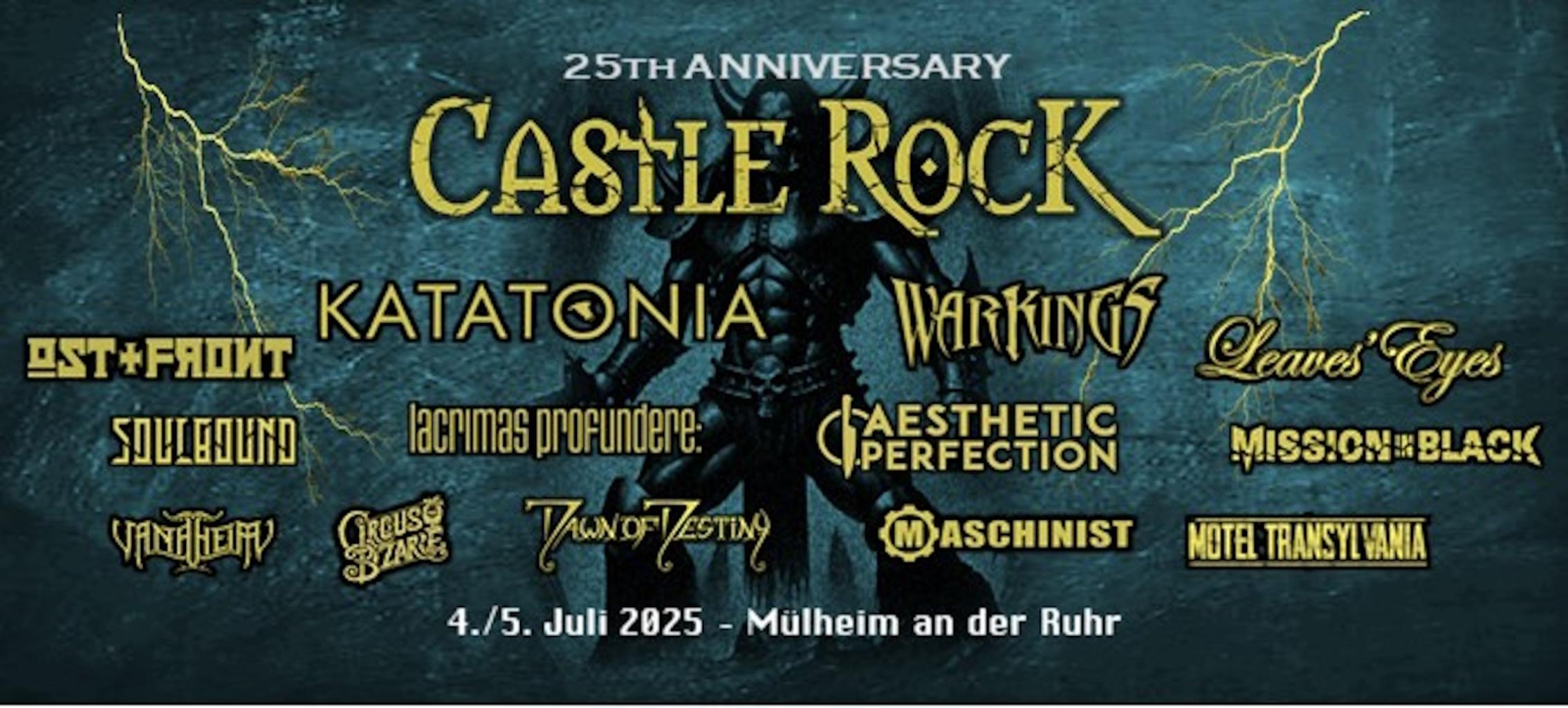 Das Bild zeigt ein Banner, auf dem alle 13 Bands mit deren Logo namentlich genannt sind, die in 2025 am 4. und 5. Juli am Castle Rock Festival teilnehmen werden.