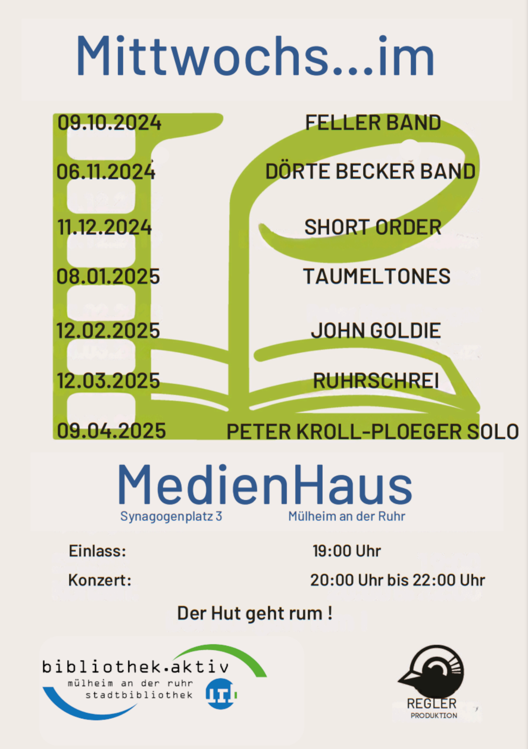 Das Plakat führt alle Konzerte der Reihe "Mittwochs... im MedienHaus" vom 9. Oktober 2024 bis 9. April 2025 auf.
