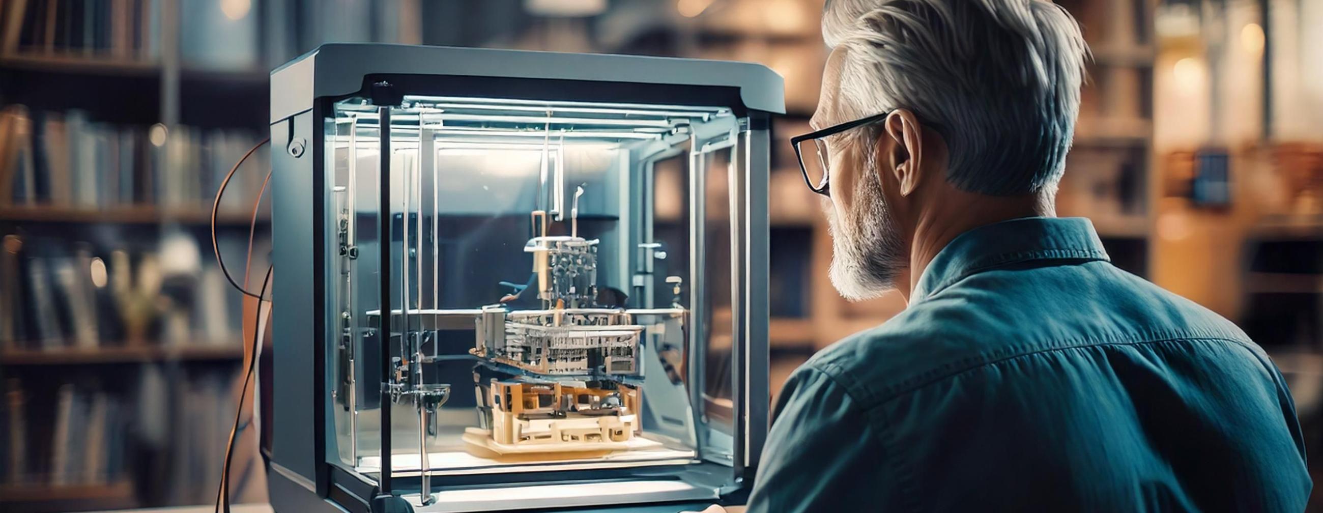 3D-Drucker | Stadtbibliothek im MedienHaus Mülheim Das Bild zeigt eine Person vor einem 3D-Drucker.
