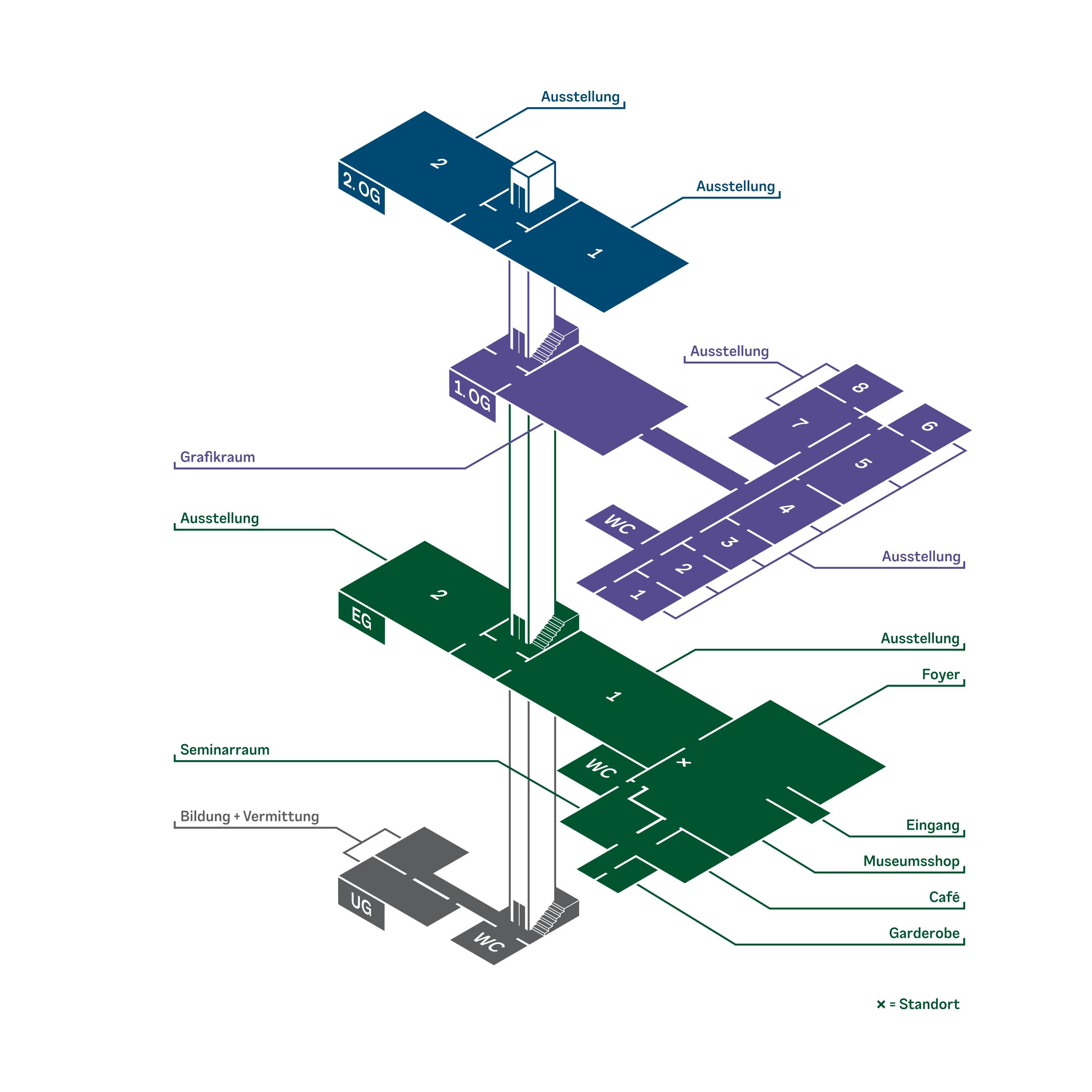 Gebäudeplan, Kunstmuseum Mülheim an der Ruhr Das Bild zeigt den Gebäudeplan des Kunstmuseums Mülheim an der Ruhr, Stand Mai 2024.