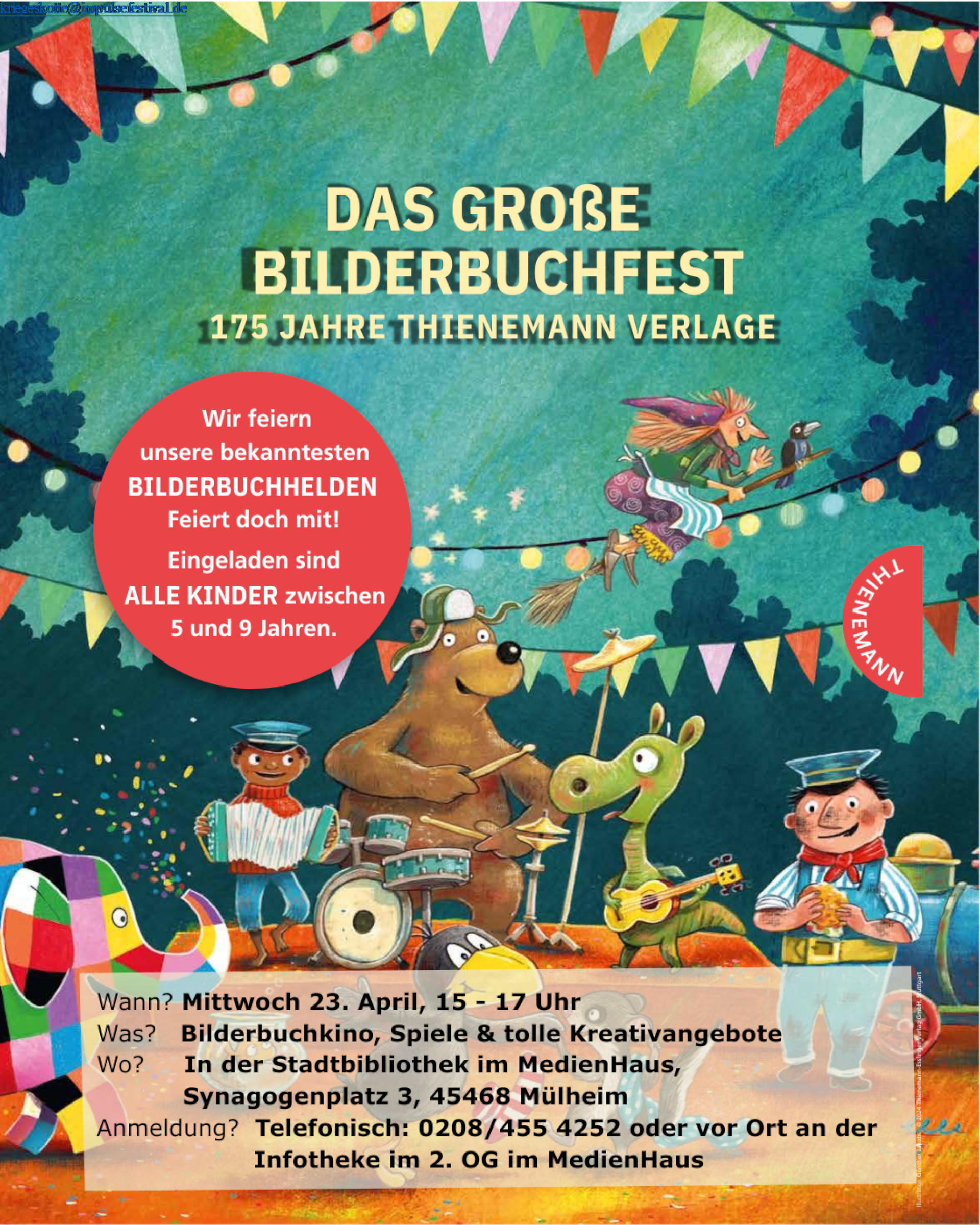 Tag des Buches | Bilderbuchfest Das Plakat kündigt ein Bilderbuchfest zum Tag des Buches am 23. April 2025 in der Stadtbibliothek im MedienHaus an.
