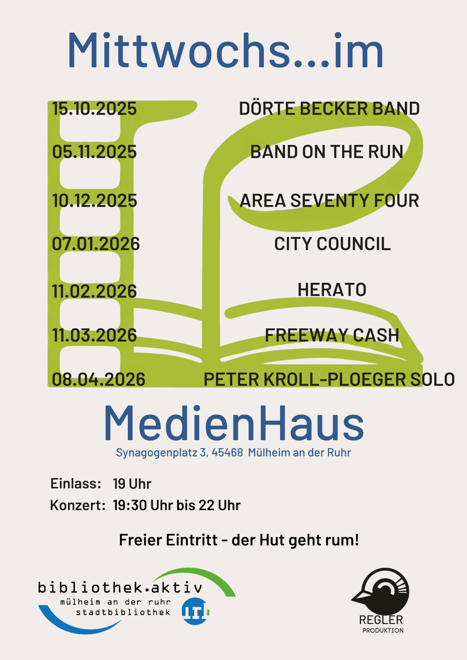 Plakat für die Konzerte "Mittwochs... im MedienHaus" Das Plakat kündigt die Live-Konzerte im MedienHaus für die Zeit von Oktober 2025 bis April 2026 an.