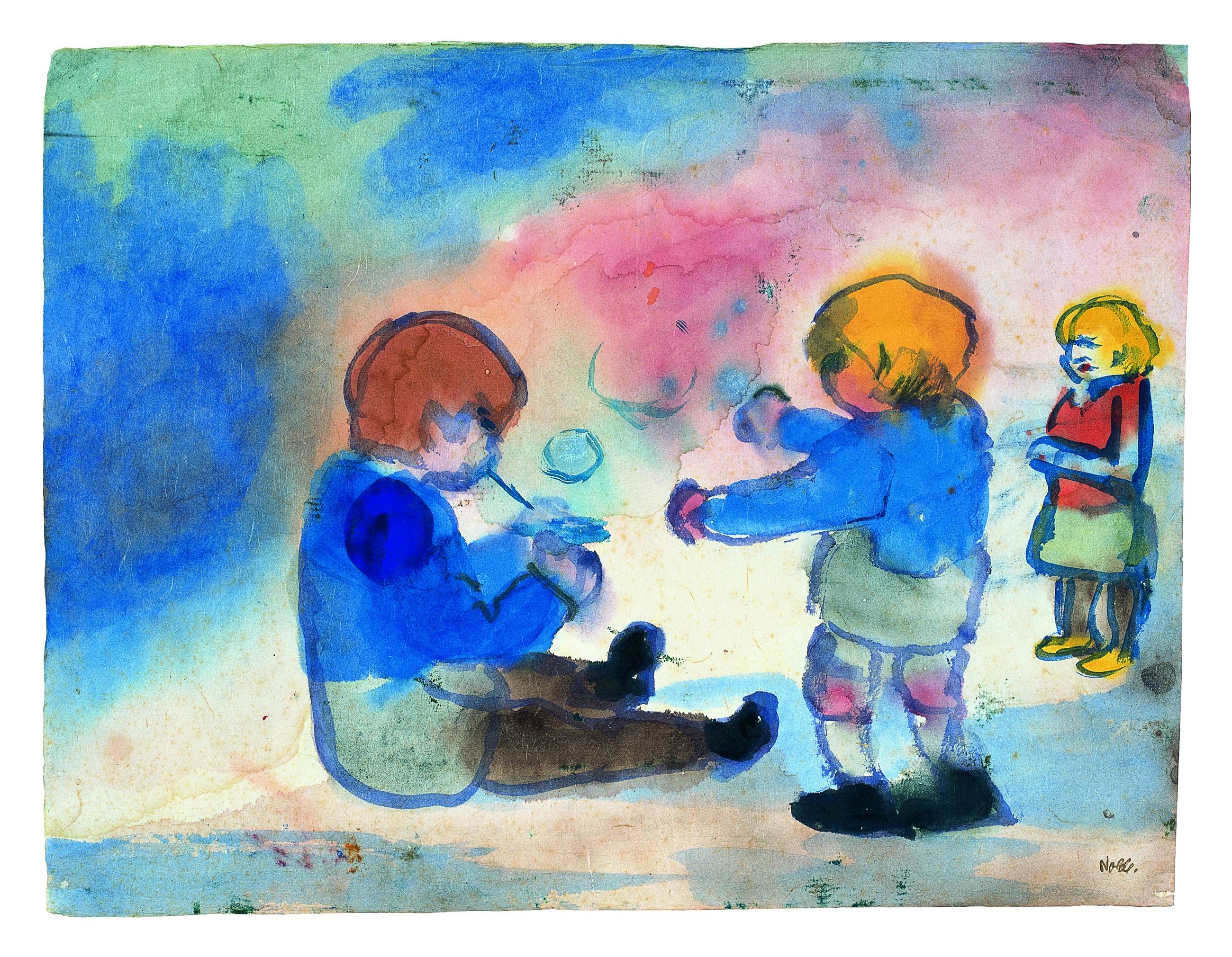 Das Aquarell im Querformat zeigt drei Kinder vor einem nicht näher definiertem Hintergrund. Zwei spielen mit Seifenblasen. Ein Kind, das etwas weiter abseits steht, schaut den spielenden Kindern zu. Es überwiegen die Grundfarben Blau, Rot und Gelb.
