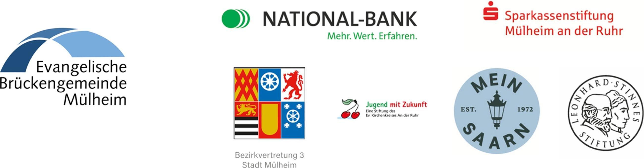 Das Bild zeigt sieben Logos von Förderern der Ausstellung "KunstRaus in Saarn - BRÜCKEN" 2026. 