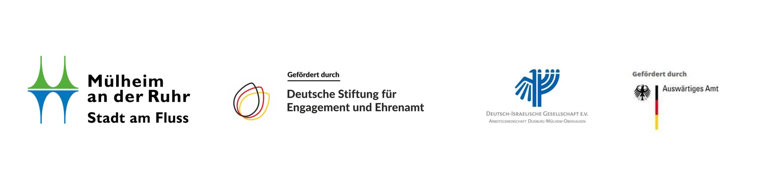 Logos der Förderer der Ausstellung "Verbindung – חיבור": Stadt Mülheim an der Ruhr, Deutsche Stiftung für Engagement und Ehrenamt, Deutsch-Israelische Gesellschaft e.V., Auswärtiges Amt