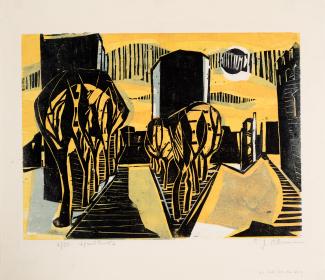 <p>Carl-Heinz Kliemann war ein deutscher Maler und Grafiker. Er studierte bei Max Kaus und Karl Schmidt-Rottluff. Besonders in seinen Holzschnitten findet sich die Bildsprache expressionistischer Künstler wieder, besonders denen der Brücke-Künstler, die selbst den Holzschnitt als künstlerisches Ausdrucksmittel in den Vordergrund stellten.</p><p>Der Holzschnitt „Die Stadt nach dem Krieg“ zeigt eine Stadtlandschaft, die vor allem durch drei hohe Gebäudekomplexe bestimmt ist. Das linke und das mittlere Gebäude sind modern, am rechten Bildrand sieht man jedoch ein Stück Mauer eines offenbar historischen Gebäudes. Darüber hinaus erkennt man zwei schnurgerade Alleen, die spitz auf den Betrachtenden zulaufen. Alles wirkt durch die übertriebene Perspektive leicht verzehrt und bedrohlich.</p>