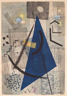 <p>Fumio Kitaoka war ein japanischer Holzschnitt-Künstler. Er studierte westliche Ölmalerei in Tokio, bevor er einige Jahre in Paris das Fach Holzstich studierte. 1964-1965 lehrte er in den USA. In seinen frühen Holzschnitten verarbeitete er vor allem die Eindrücke, die die europäische Malerei auf ihn gemacht hat.&nbsp;</p><p>Bei dem frühen Holzschnitt „Walk in the rain“ aus dem Jahr 1958 erkennt man deutlich die Einflüsse von Wassily Kandinskys abstrakten Arbeiten. Der Spaziergänger im Regen wird durch ein dunkelblaues Dreieck in der Mitte des Bildes angedeutet, durch wenige weitere Striche wird eine Bewegung ausgewiesen.<span>&nbsp; </span>Auch der fallende Regen ist erkennbar, mal fällt er in dünnen Strichen, mal in spitzen Winkeln. Die vielen geometrischen Formen verbinden sich somit zu einer stimmigen Komposition.</p>