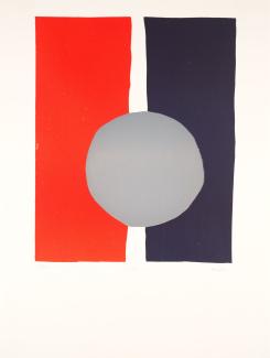 <p>Werner Graeff war ein deutscher Künstler, der am Bauhaus studierte und auch Kurse bei Künstlern der niederländischen De-Stijl-Bewegung besuchte. Er arbeitete gattungsübergreifend als (Glas-)Maler, Bildhauer und Grafiker. In der Nachkriegszeit sprach er sich gegen informelle Tendenzen aus, in seinen Arbeiten blieb er immer einer, wenn auch abstrakten, Gegenständlichkeit treu.</p><p>Graeffs Linoldruck „LIFAR 6“ zeugt davon. Vor nahezu gleich breiten Streifen in Rot und Schwarz, die vertikal das Blatt durchlaufen und zwischen denen eine Lücke verläuft, scheint ein unregelmäßig ausgeführter grauer Kreis zu schweben. Diese Formensprache lässt unterschiedliche Assoziationen zu, man mag sich auch vorstellen, dass es sich dabei um eine Vorskizze zu einer Skulptur handelt.</p>