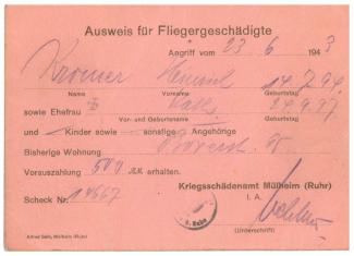 Abbildung 10: Ausweis für Fliegergeschädigte zum Angriff vom 23. Juni 1943 auf Mülheim