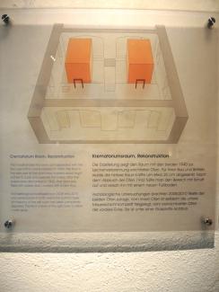 Informationstafel in der Gedenkstätte Pirna-Sonnenstein mit Rekonstruktion des Krematoriumsraumes der NS-Tötungsanstalt