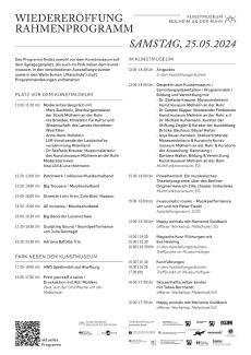Programmübersicht mit Zeitplan für das Wiedereröffnungsfest des Kunstmuseums Mülheim an der Ruhr am 25. Mai 2024