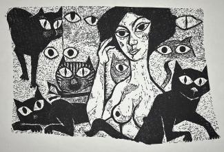 Werner Spribille, Katzenmadame, 1959, Linoldruck, 19 x 30 cm, © 2024 Foto: Lorenza Kaib