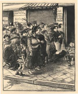 Heinrich Zille, Kartoffelstehen, 1916, Lithografie, partiell geschabt, 26 x 21,4 cm, Kunstmuseum Mülheim an der Ruhr, Sammlung Themel, © 2024 Foto: Kunstmuseum Mülheim an der Ruhr