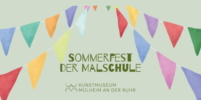 Das Bild zeigt eine grüne Karte mit einer bunten Girlande. Es ist das Titelbild der Einladung für das Sommerfest der Malschule 2026.