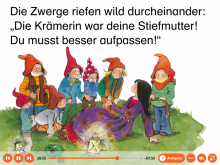 Das Bild zeigt eine Zeichnung des animierten Bilderbuches "Schneewittchen". Diese Boardstory ist über das Leselernportal Onilo verfügbar - ein Angebot der Stadtbibliothek Mülheim an der Ruhr.