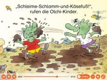 Das Bild zeigt eine Zeichnung des animierten Bilderbuches "Die Olchis aus Schmuddelfing". Diese Boardstory ist über das Leselernportal Onilo verfügbar - ein Angebot der Stadtbibliothek Mülheim an der Ruhr.