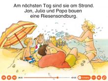 Das Bild zeigt eine Zeichnung des animierten Bilderbuches "Jan und Julia verreisen". Diese Boardstory ist über das Leselernportal Onilo verfügbar - ein Angebot der Stadtbibliothek Mülheim an der Ruhr.