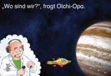 Das Bild zeigt eine Zeichnung des animierten Bilderbuches "Die Olchis – Das große Weltraumabenteuer". Diese Boardstory ist über das Leselernportal Onilo verfügbar - ein Angebot der Stadtbibliothek Mülheim an der Ruhr.