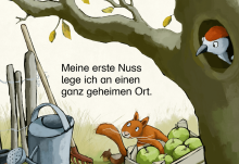 Das Bild zeigt eine Zeichnung des animierten Bilderbuches "5 Nüsse für Eichhörnchen". Diese Boardstory ist über das Leselernportal Onilo verfügbar - ein Angebot der Stadtbibliothek Mülheim an der Ruhr.