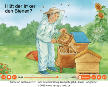 Das Bild zeigt eine Zeichnung des animierten Bilderbuches "Wohin fliegst du, kleine Honigbiene?". Diese Boardstory ist über das Leselernportal Onilo verfügbar - ein Angebot der Stadtbibliothek Mülheim an der Ruhr.