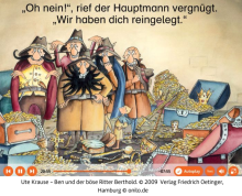 Das Bild zeigt eine Zeichnung des animierten Bilderbuches "Ben und der böse Ritter Berthold". Diese Boardstory ist über das Leselernportal Onilo verfügbar - ein Angebot der Stadtbibliothek Mülheim an der Ruhr.