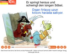 Das Bild zeigt eine Zeichnung des animierten Bilderbuches "Die Olchis und das Piratenschiff". Diese Boardstory ist über das Leselernportal Onilo verfügbar - ein Angebot der Stadtbibliothek Mülheim an der Ruhr.