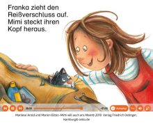 Das Bild zeigt eine Zeichnung des animierten Bilderbuches "Mimi will auch ans Meer". Diese Boardstory ist über das Leselernportal Onilo verfügbar - ein Angebot der Stadtbibliothek Mülheim an der Ruhr.